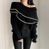 Women's Sweaters Korean Elegant Sweater Double Layer Ruffle Contrast Off Shoulder Pullover Ladies Black Jumper Long Sleeve Sexy Knit Y2k