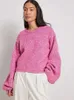 Rosa lavorato a maglia backless Lace Up Oneck Top da donna maglione manica lanterna pullover elegante 2023 moda autunno casual streetwear 240112