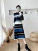 Casual Dresses 2024 Women O-Neck Striped Temperament Knitted Dress Autumn Winter Mid Length Version Over The Knee Priming Sweater A-Line