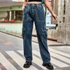 Женские джинсовые брюки-капри-карго Y2K, свободные прямые модные уличные брюки с высокой талией и несколькими карманами, повседневные женские синие джинсовые брюки