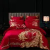 Luxe or Phoenix broderie rouge chinois mariage 100S coton égyptien ensemble de literie housse de couette drap de lit couvre-lit taie d'oreiller 240112