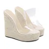 Sandálias moda clara salto alto verão pvc transparente peep toe cana palha tecer plataforma cunhas chinelos mulheres sapatos femininos