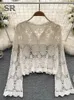 SINGREINY Sommer-Sonnencreme-Blumen-Strickjacken für Damen, V-Ausschnitt, lange Ärmel, lockeres Strick-Top, modische Strandurlaub, lässige Bluse 240112