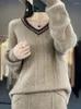 Women's Sweaters V-Neck Pullovers Long Sleeve Top Knit Wear Luxury Wool Warm Jumper Jacquard Weave Soft CoatAutumn Winter Fashion Sweater