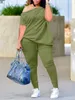 LW Plus Size Boat Neck Drawstring Pants Set One Shoulder Solid Stretchy Matching Outfits 240111