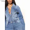 Kvinnors jumpsuits Rompers Stretch Denim Jumpsuit Kvinnor Single-Breasted Washed Lapels Elastic High midja Skinny Long Sleeve Casual New Pencil Streetwearl240111