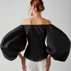 Cryptographic Off Shoulder Lantern Sleeve Sexig Women Top and Blus Shirts Button Up Backless Crop Tops Fashion Blusa Mujer 240111