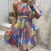 Vestidos casuales Sexy plisado fiesta floral impreso cuello diagonal vestido de un solo hombro 2024 mujeres moda delgado sin espalda midi
