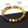 Strand minimaliste naturel jaune œil de tigre Bracelets hommes élastique décontracté Homme bijoux 8 Mm minéraux noir pierre de lave perles Bracelet