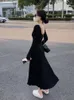 Casual Dresses Black Women Vestidos Slim Sexy Basic All-match U-neck Empire Ankle Length Long Sleeve Female Autumn Gentle Korean Style