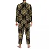 Masculino sleepwear dressy damask primavera preto e ouro casual oversize pijama conjuntos masculino mangas compridas bonito quarto macio personalizado nightwear