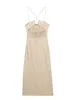 Casual Dresses Summer Dress Women 2024 Gathered Sweetheart Neck Front Slit Faux Linen Spaghetti Strap Tie Back Sexy Party Midi