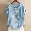 Blusas de mujer, camiseta de verano para mujer, estampado de flores, manga corta, decoración de botones, Top para mujer, jersey de longitud media con cuello redondo, ropa holgada