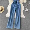 Damen-Overall, Strampler, Frühling und Sommer, neuer Retro-Stil, sexy, dünn, einreihig, Denim-Röhrenoberteil, feminin, weites Bein, Denim-Hose, L240111