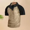 Мужские футболки, мужской осенне-весенний топ, реглан с короткими рукавами, воротник-стойка и пуговицы, соответствующий цвету, лоскутный вельвет, свободный пуловер, мягкая рубашка