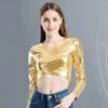 Blouses Femmes Femmes Club Top Court Taille-Exposée Manches Longues Col V Lisse Brillant Faux Cuir Pull Slim Fit Performance Dance Lady