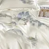 Estilo chinês paisagem bordado luxo conjunto de cama suave capa edredão macio colcha folha fronhas 240112