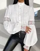 Blusas femininas moda mulher blusa 2024 primavera rendas remendo lanterna manga abotoada casual gola simples longo camisa diária topo