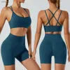 Traje de yoga Chándales para mujer Conjunto de yoga Ropa de entrenamiento Fitness Espalda cruzada Sujetador deportivo Pantalones cortos de cintura alta 2 piezas Traje de gimnasio de alto estiramiento para mujer YQ240115