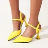 Sandals Solid Bright Yellow Orange Color Strange High Heels Pointed Toe Buckle Strap Fashion Wedding Bride Shoes Summer Women