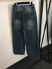 Kvinnors jeansdesigner Ny tjock benad Women's Edition Old Flower Leather High midja Wide Leg Denim Pants Blue O6W1