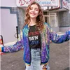 Kvinnorjackor Spring Shiny Baseball Uniform Sequins Bomber Jacket Short Beaded Coat Stitching Zipper Laser Cardigan Loose Streetwear Tops