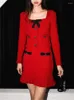 Skirts 2024 Fashion Suit For Women Square Collar Bow Rhinestone Buttons Coat Or A-line Pleated Skirt