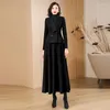 Work Dresses Women Black Woolen Skirt Suits Autumn Winter Fashion Elegant Chic Wool Blends Slim Blazer And High Waist A-Line Long