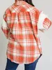 여자 격자 무늬 프린트 패치 워크 코트 긴 슬리브 옷깃 느슨한 버튼 클로저 양고기 양털 재킷 240112
