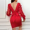 Casual Dresses Floral Pattern Sheer Mesh Patch Backless Bodycon Dress Elegant Spring Autumn Long Lantern Sleeve Corset Bow Party Evening Evening
