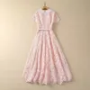 2024 primavera rosa cor sólida cintura com cinto vestido de manga curta lapela pescoço botões longos maxi vestidos casuais a4j09