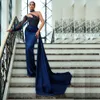 Exquisite One Shoulder Evening Dresses Pearls Single Sleeve Side Split Celebrity Dress Navy Blue Mermaid Vestidos De Gala 326