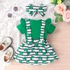 Ensembles de vêtements bébé fille 3 pièces tenues ensemble vert barboteuse Shamrock imprimé jupe à bretelles avec vêtements bandeau