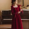 Casual Dresses Retro Velvet Midi Dress Women Long Sleeve Evening Party Korea Fashion Vintage Elegant Bow Design 2024 Autumn