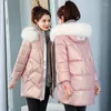 Abrigos de trinchera para mujer 2024 Parkas de invierno Cálido grueso brillante chaqueta de abajo mujeres cuello de piel con capucha abrigo femenino de longitud media ropa acolchada casual