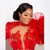2024 seksowne sukienki balowe iluzja wysoka szyi czerwone koronkowe aplikacje kryształowe koraliki osłona afrykańskie satynowe kolano w rozmiarze kolanymi suknie wieczorowe
