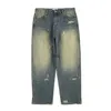 Men's Jeans Vintage Washed Hole Oversize Wide Leg Logging Jeans for Mens Blue Spray Painted Straight Mopping Pants Baggy Wide Denim Trousersyolq