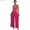 Kobiety Jumpsuits Rompers 2023 Letnie swobodne szelki Kampy stałe kobiety seksowne modne szarfia bez rękawów plisowana szeroka noga kombinezon pomarańczowy femalel240111