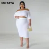 CMYAYA Plus Size Damen Stretch-Bodycon-Midirock-Set und schulterfreie Langarm-Oberteile, passende zwei 2-teilige Outfits 240111