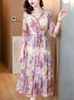 Boho Floral Silk Vneck Bandage Long Dress Womens Elegant Casual Fancy Autumn Korean Fashion BodyCon Party Vestidos 240111