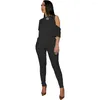 Kvinnors tvådelar Pants 2024 Casual 2 Set Short-Sleeve Patchwork Cold Shoulder Tops Long Women Fashion Tracksuit Outfits