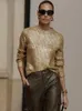 Frauen Mode Gold Helle Seide Pullover Chic O Neck Langarm Dünne Weibliche Pullover 2023 Herbst Streetwear Solide Jumper 240112