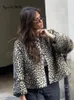 Kvinnor vintage leopard tryck plysch rockar höst vinter o nacke lång ärm varma fleece jackor damer chic streetwear outwear 240112