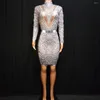 Stage Wear Sparkling Rhinestones Pearls Women Short Dress Halter Silver Long Sleeve Nightclub DJ Singer Dance Performance Costumes