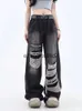 Damen Jeans Hosen Capris Gothic Schwarz Hohe Taille Vintage Koreanische Mode Y2k Streetwear Ripped Harajuku Casual Wide Leg Denim Hosen