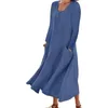 Robes décontractées Femmes Robe O-Cou Manches Longues Deux Poches Taille Lâche A-Ligne Rétro Grand Ourlet Couleur Unie Automne Vêtements Féminins