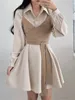 Work Dresses Women Autumn Dress Sets Korean Version Style Lapel Irregular Shirt Waist Wrapped Chest Strap Vest Set D5526