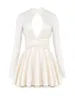 Casual Dresses White Bow Satin Cut Out Mini Gown Dress for Women Backless Soe Up Pleated Short 2024 Spring Halter Kvinnor ROBES