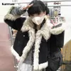 Karrram Y2K Aesthetics Black Denim Coat Grunge Fairycore Jeans Fur Jacket 2000s Harajuku Winter Coat Patchwork Vintage Korean 240111