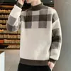Men's Sweaters Clothing Plaid Pullovers Knit Sweater Male Turtleneck Half Collar Blue Fleeced Sweatshirts Plus Size Ugly 2024 Trend X Old